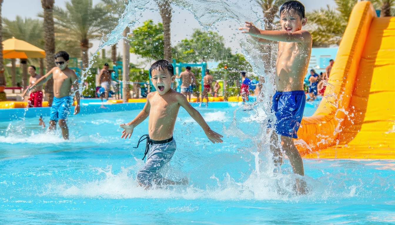 Children playing in splash zones at AquaQuest Adventure Park Dubai