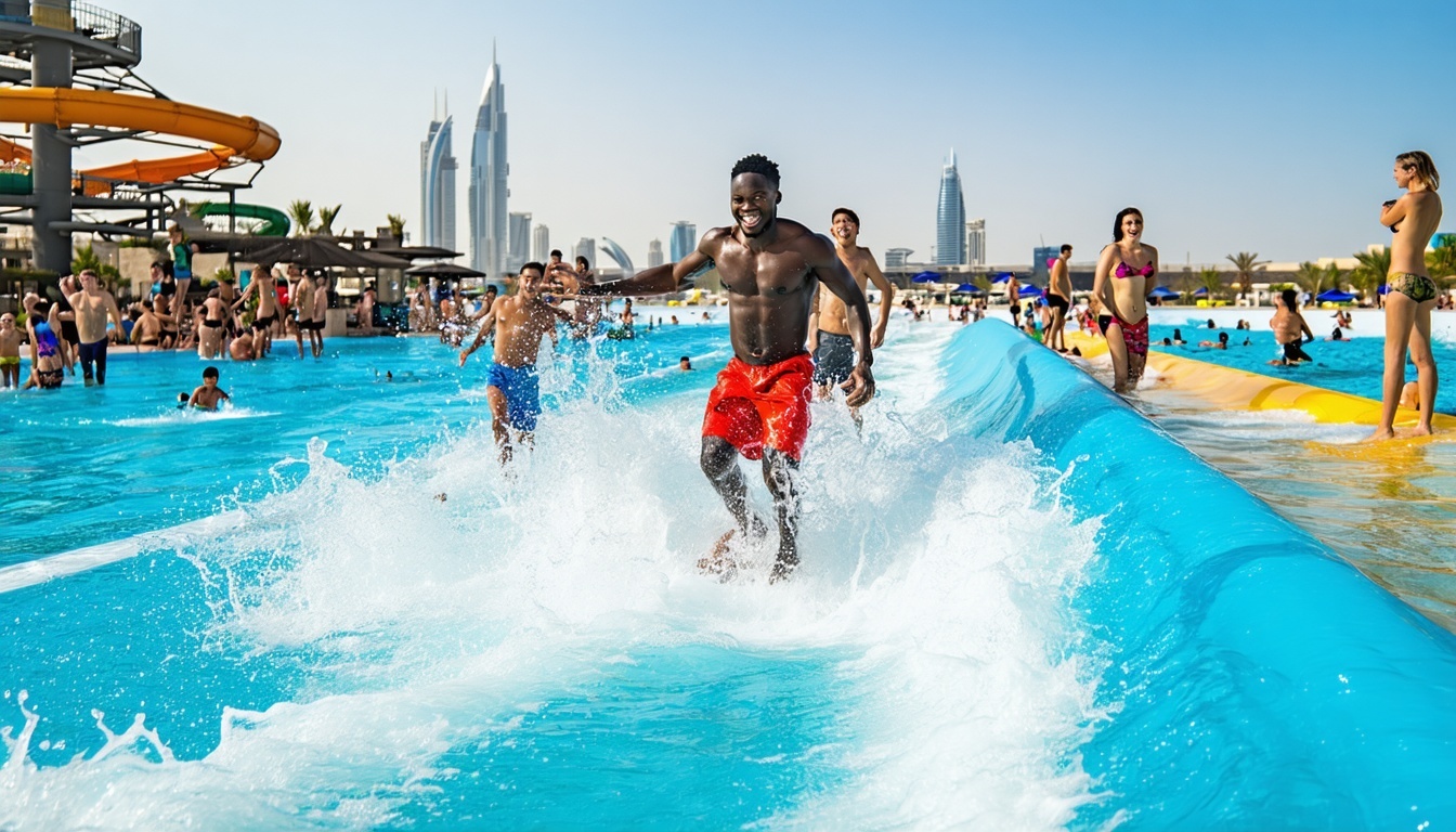 Families enjoying the wave pool at AquaQuest Adventure Park Dubai