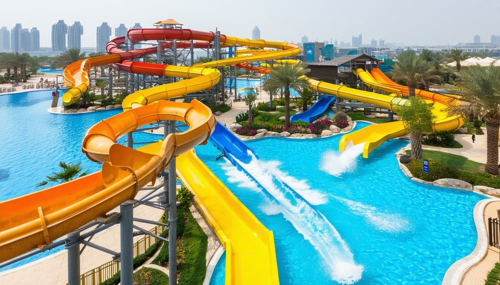 Aerial view of AquaQuest Adventure Park Dubai with water slides and pools