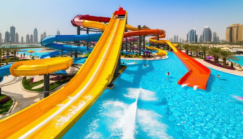A vibrant aerial view of AquaQuest Adventure Park Dubai, showcasing water slides, pools, and adventure zones.